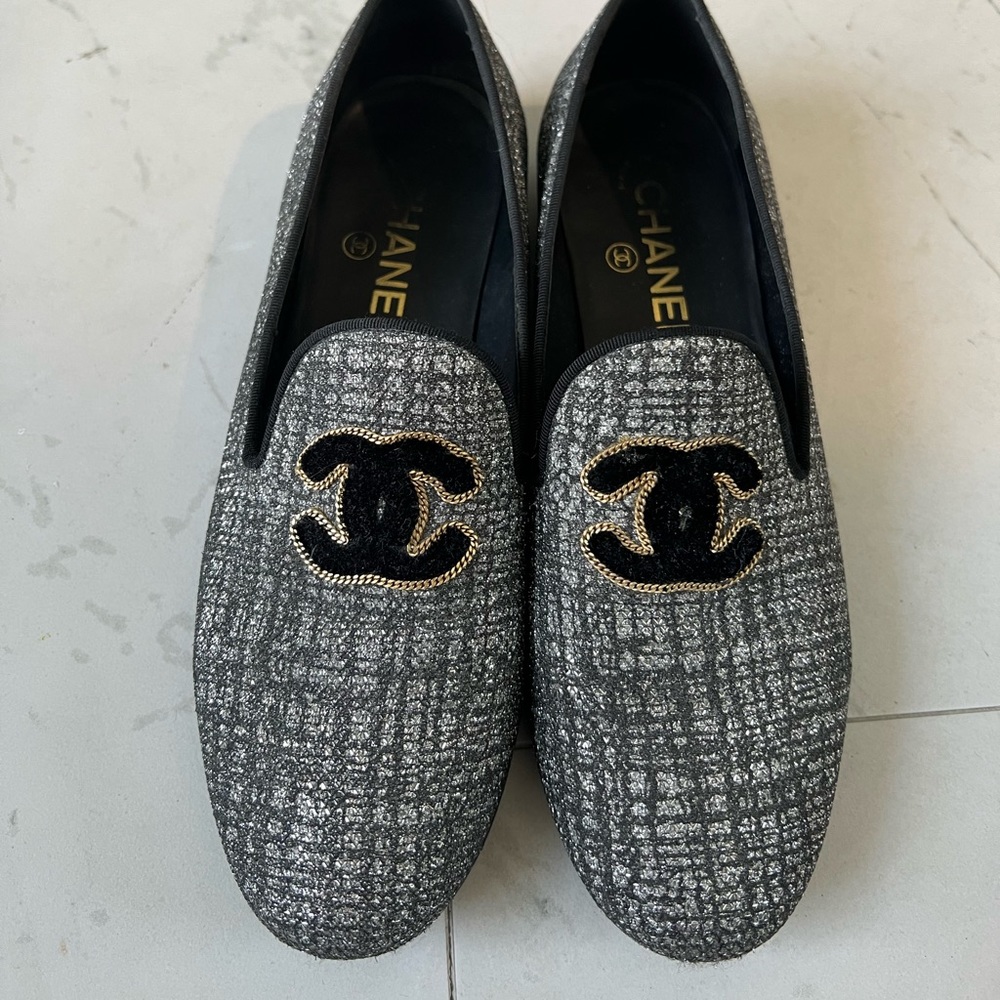 Chanel Glitter Logo Loafers